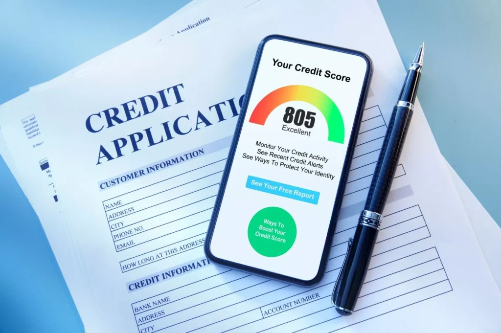 Photo of a phone displaying a credit score