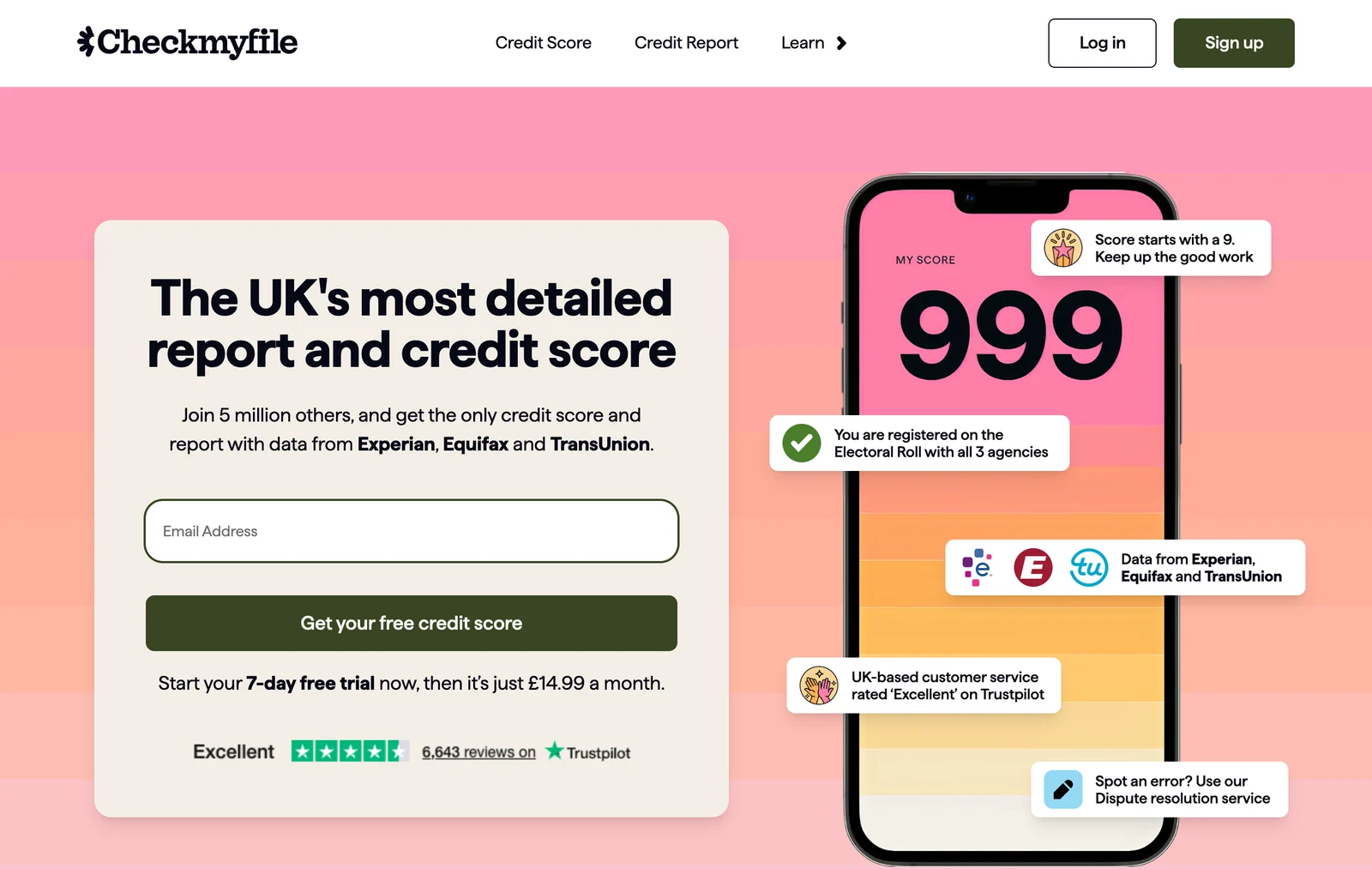 Checkmyfile homepage showing the sign-up form with the 7-day free trial, then £14.99 a month