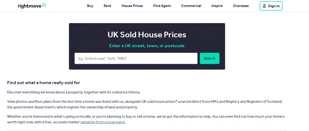 Screenshot of Rightmove's sold house prices search