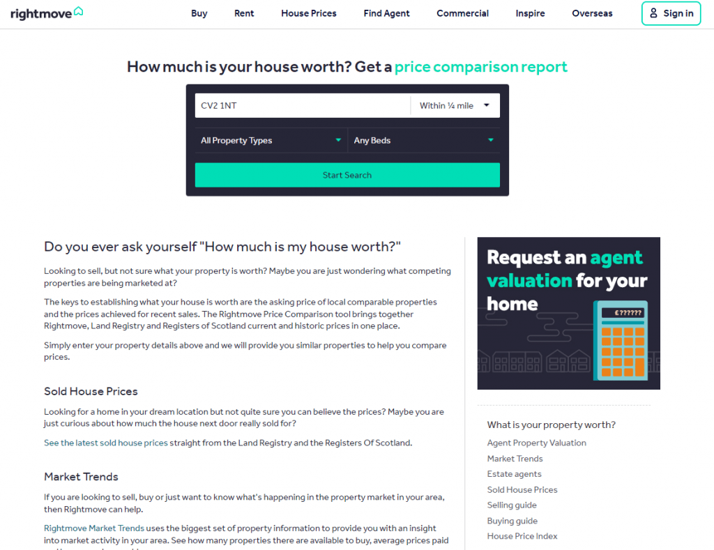 Zrzut ekranu narzędzia wyceny online Rightmove