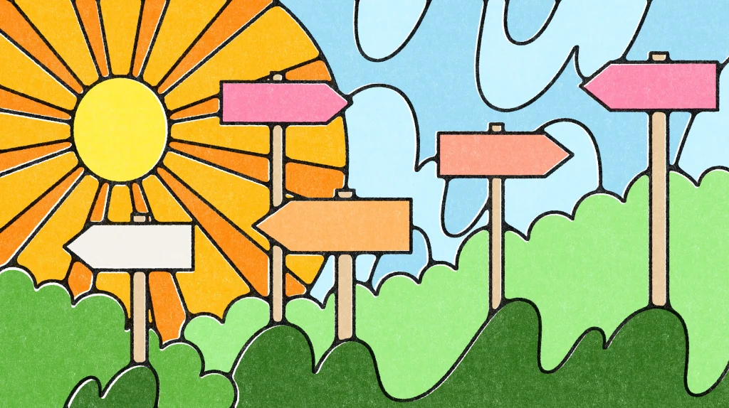 Illustration of signposts in a landscape