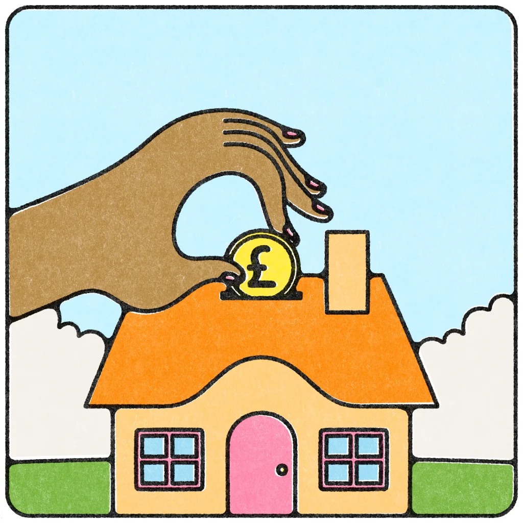 Illustration of a hand placing a pound coin into a house