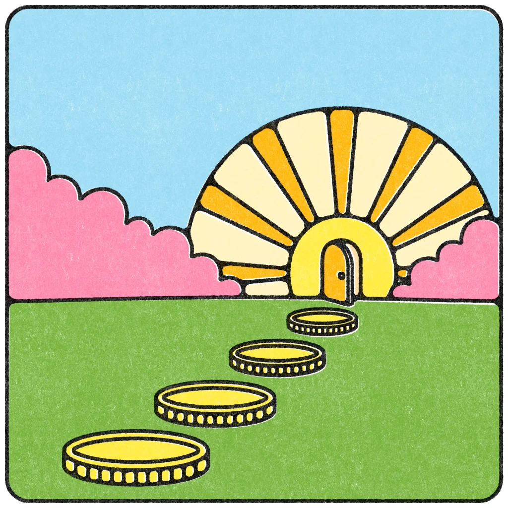 Illustration of coin stepping stones leading to a doorway